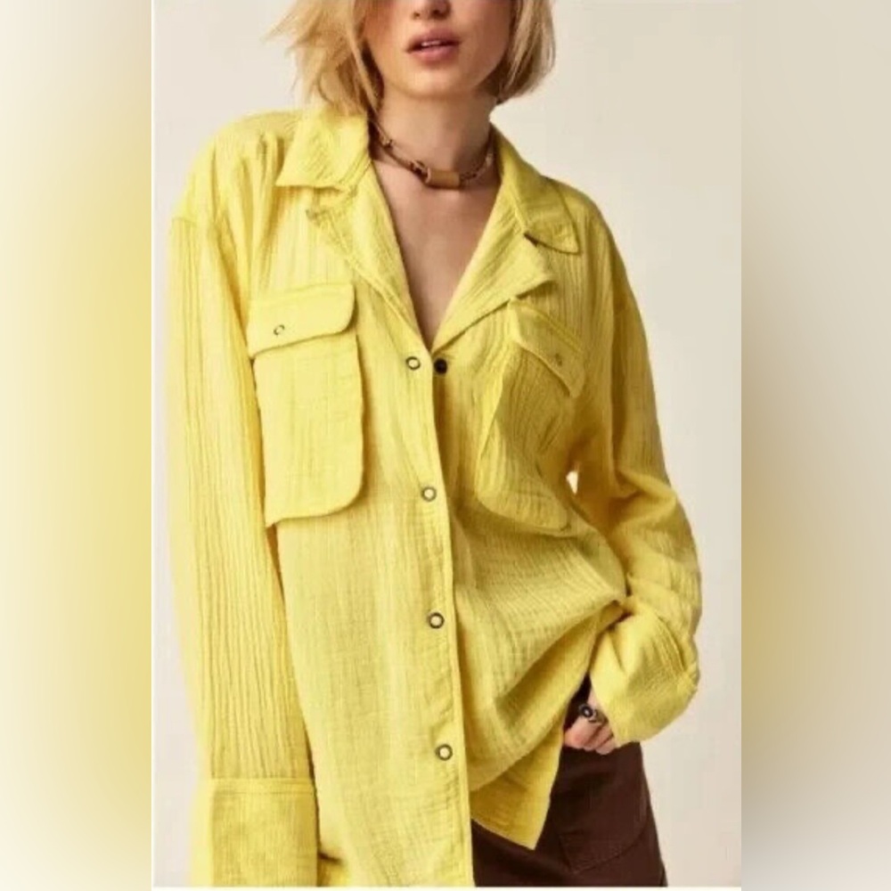 New Free people for we the free Yellow Button-Up Shirt and Brown Shorts Set